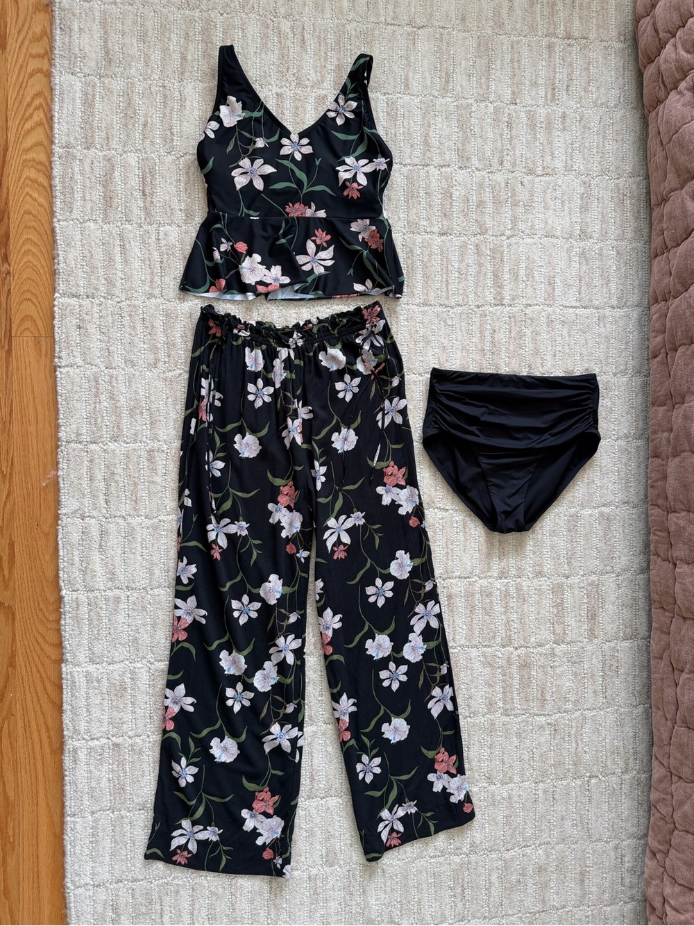 Shade & Shore Floral Tankini Top, Black High Waste Swim Bottoms, Flowy Pants